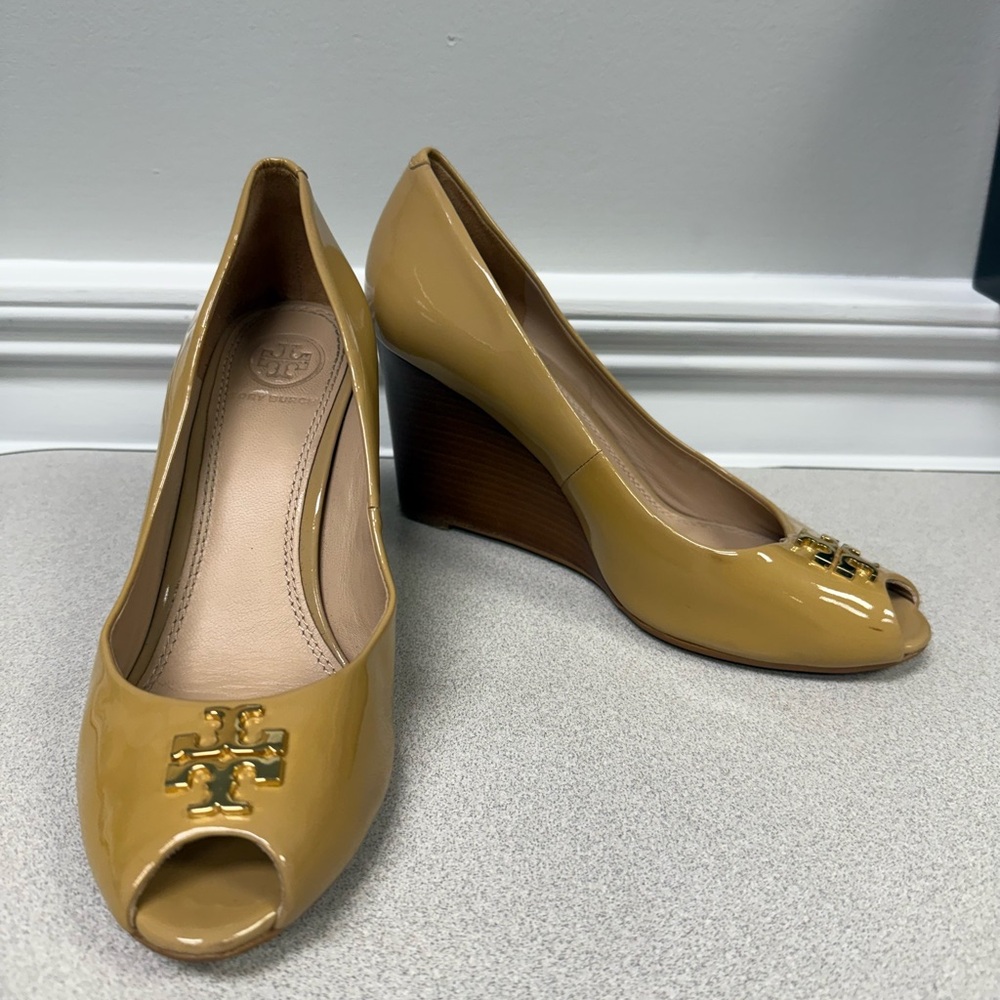 Tory Burch Mustard Patent Leather Peep-Toe Wedge Pumps